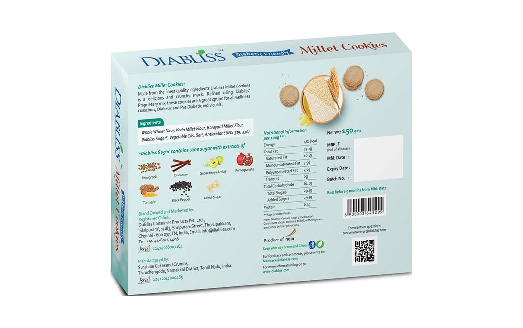 Diabliss Diabetic Friendly Millet Cookies   Box  150 grams